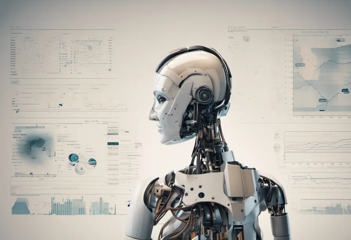 torzo a hlava robota umele inteligence stojiciho pred tabulkami a grafy
