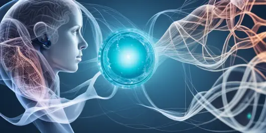 hlava zenske umele inteligence u modre koule a abstraktnich vln znazornujici komunikaci