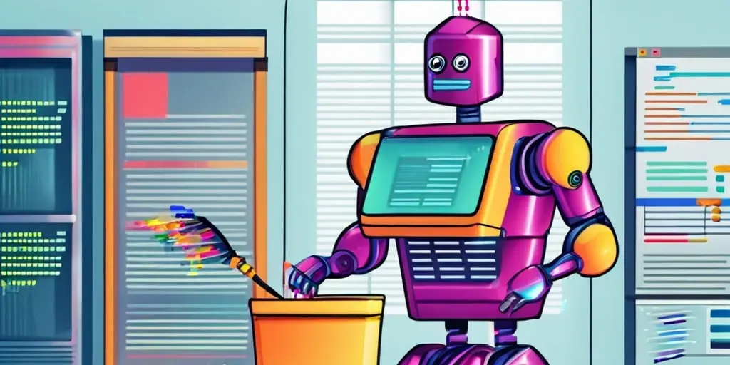 fialovy robot s kyblikem stojiciho pred tabuli s daty