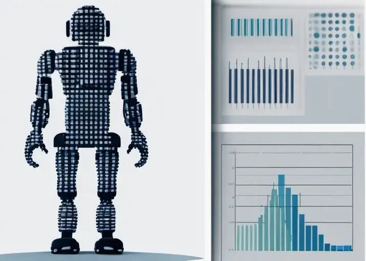 stojici robot umele inteligence vedle tabulek s grafy